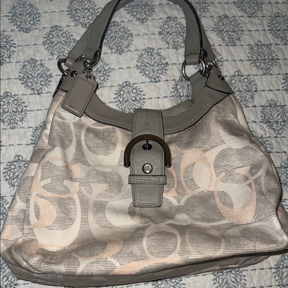 Coach Gray and Cream Shoulder Bag with Signature Monogram